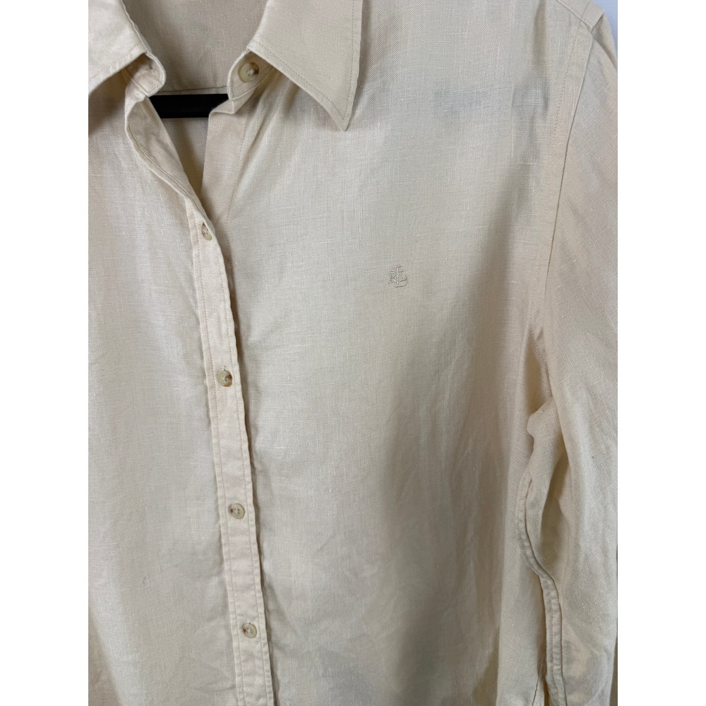 Lauren Ralph Lauren Shirt Beige M Linen Long Sleeve Roll Tab Button Down - Picture 5 of 6